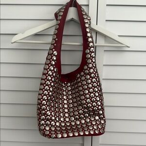 Red and Silver Hobo Shoulder Bag with Metal Accents